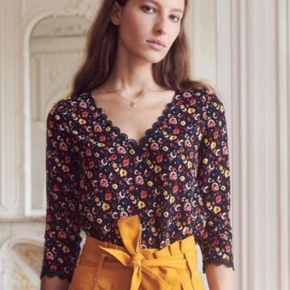 Sezane Tops - Sezane Marina Blouse Floral Lace Black Multi 34 or XS